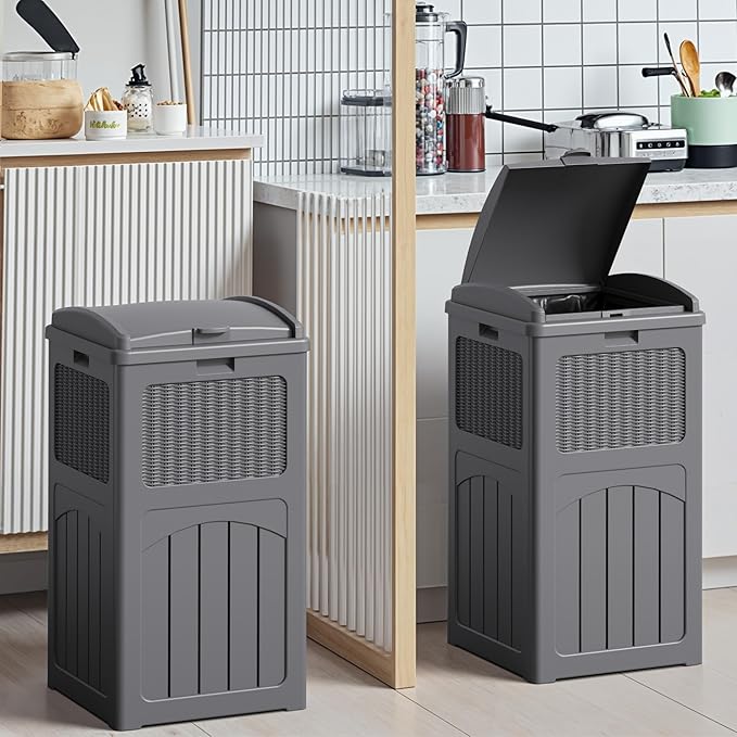Devoko 33 Gallon Outdoor Trash Can with Dual Lid, Heavy Duty Waterproof Resin Garbage Bins Outside, Hideaway Waste Bins for Patio, Outside Pool, Backyard and Deck (2, Gray)