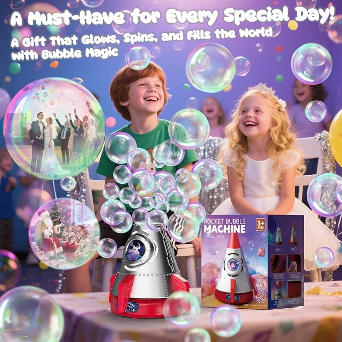 Rocket Bubble Machine for Kids with Lights, 360° Rotating Bubble Blower Toy with 10 Refill Solutions, Bubble Maker for Toddlers, Fun Outdoor Party Gift for Boys & Girls RED