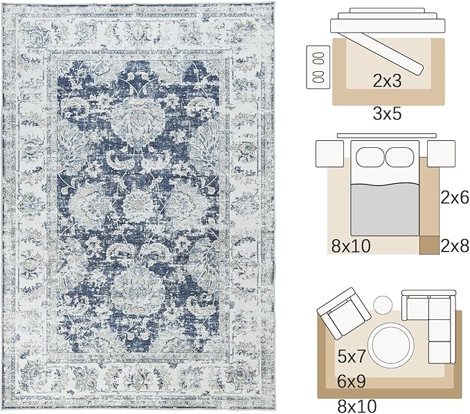 jinchan 4x6 Area Rugs for Bedroom - Machine Washable Distressed Vintage Floral Design Stain Resistant Boho Carpet Ultra-Thin Low Pile Non-Slip Rug for Living Room Dining Room Kitchen (4‘x6',Dark Blue)