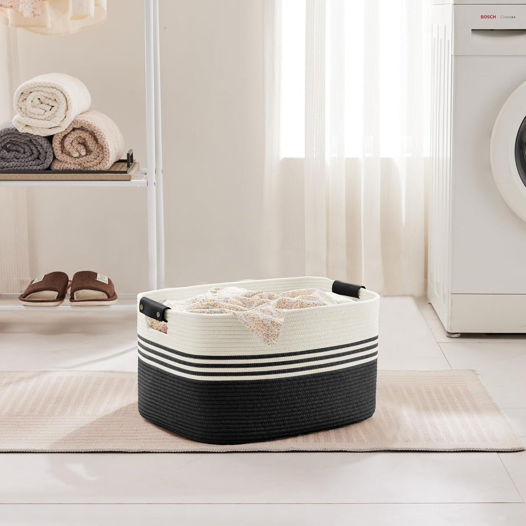 45L Small Laundry Basket with Leather Handles for Living Room Storage, Woven Rope Baskets Bin for Blanket, Kids Toy, Gifts, Wicker Hamper for Bedroom Dirty Clothes, 18"x14"x11" White Black
