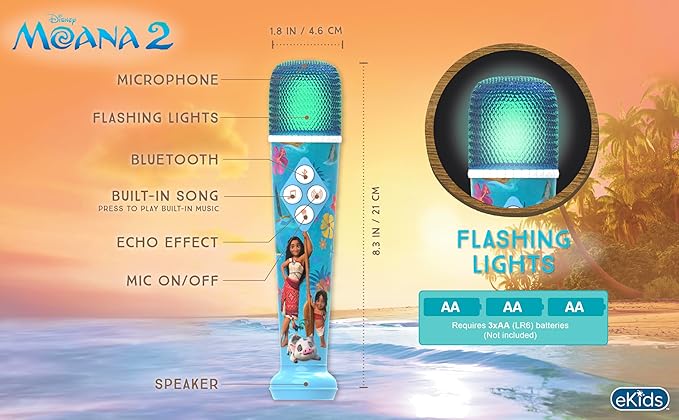 eKids Moana 2 Karaoke Microphone for Kids, Bluetooth Microphone Includes Built-in Music and Light Show, Designed for Fans of Moana Toys