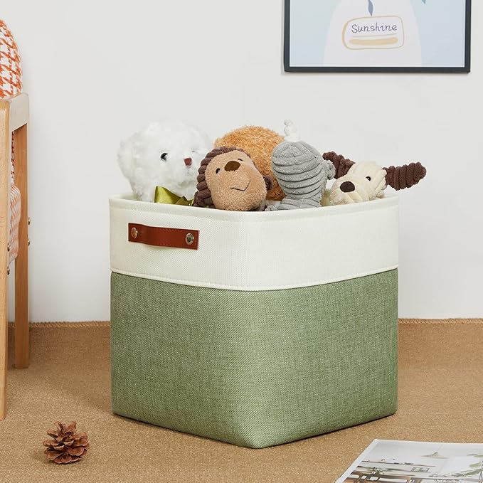 DULLEMELO Storage Basket, Linen Closet Organizers and Storage Baskets for Home Office, Suitable as Dog Toy Box, Baby Gift Basket, 4 Pieces 12x12 Decorative Cube Storage Bins(4 Pack - 12" White&Green)