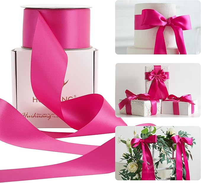HUIHUANG Hot Pink Satin Ribbon - 2 inch Wide, Double Faced, Fuchsia - 25 Yards/Roll for Gift Wrapping, Bows Making, Flower Bouquet, DIY Crafts, Wedding, Bridal Shower, Holiday Party Decor