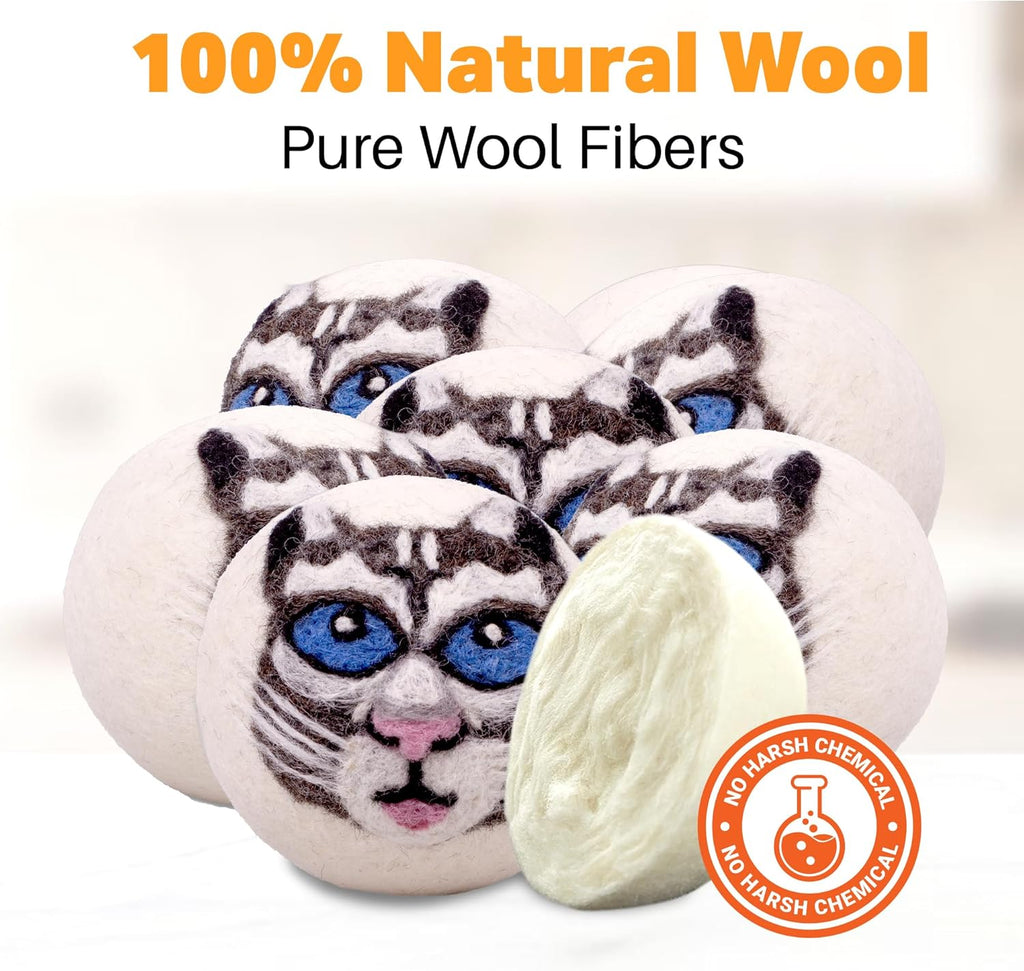 Wool Dryer Balls Organic Felt 6 Pack Laundry Fabric Softener, Extra Large Reusable Handmade Natural Sheep Wool Lint Wrinkle Free Anti Static Baby Safe (Gray Cat)