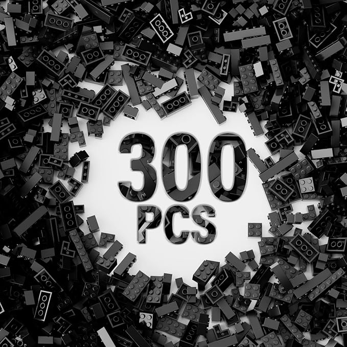 300 Piece Black Bricks Bulk Assortment Pack, Accessories for Building With 12 Sizes, Compatible With Lego Parts and Pieces