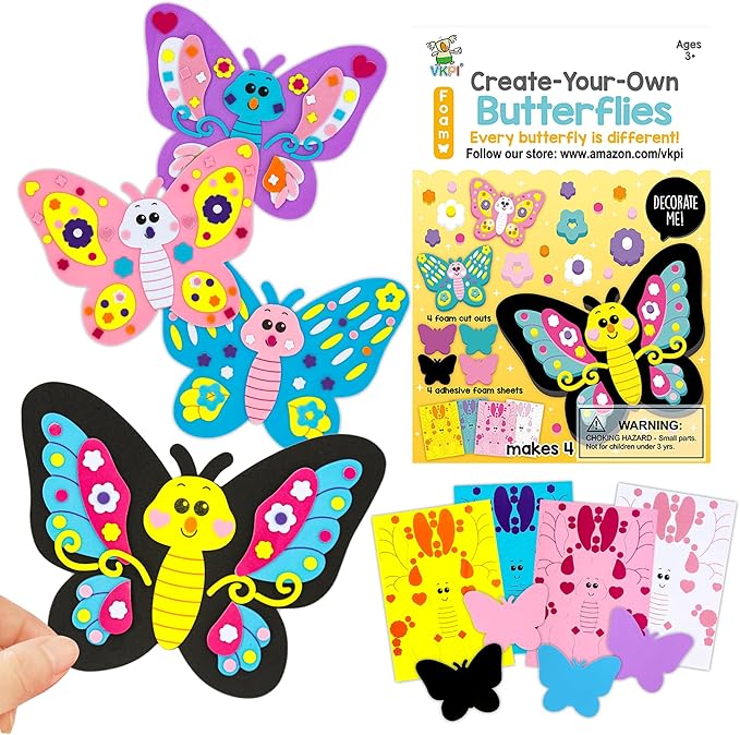 VKPI 4 Butterflies Foam Art Crafts Gift Kit, Creative Make Your Own Butterflies, Cartoon Paper Craft Projects for Kids Ages 4+ Toddler, Preschool Learning Toy for Birthday Party Favor Supplies