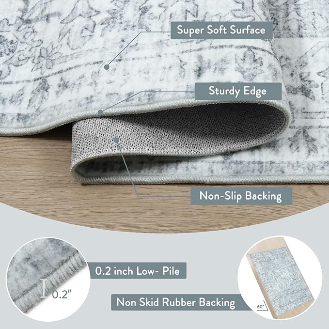 LIVEBOX Washable Area Rug 9x12 Rugs for Living Room Bedroom, Non-Slip Boho Neutral Carpet for Dining Room Office, Low-Pile Farmhouse Soft Carpets for Kids Nursery Room Playroom, Grey