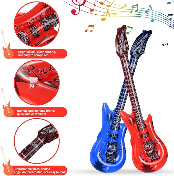 37 Pcs Inflatable Rock Star Instrument Set, 12 Blow up Guitar 36 Inch 12 Inflatable Microphone 12 Bass with a Pump for 80s Themed Party Carnival Birthday Party Decorations