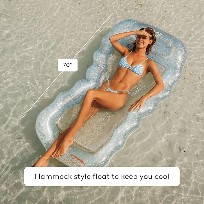 FUNBOY Clear Inflatable Mesh Pool Lounger Mesh Water Hammock with Built-in Pillow 70" Pool Hammock Float for Adults Swimming Pool Accessories & Tanning Pool Lounger Float for Pool Party & Summer