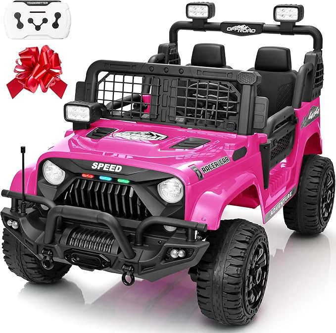2 Seater Ride On Car Truck with Remote Control XL, Kids 24V Battery Powered Electric Vihicle w/21 in Seat, 3 Speeds, 2WD/4WD Switichable, Shock Absorbers,Bluetooth, Flower, Gift Choice