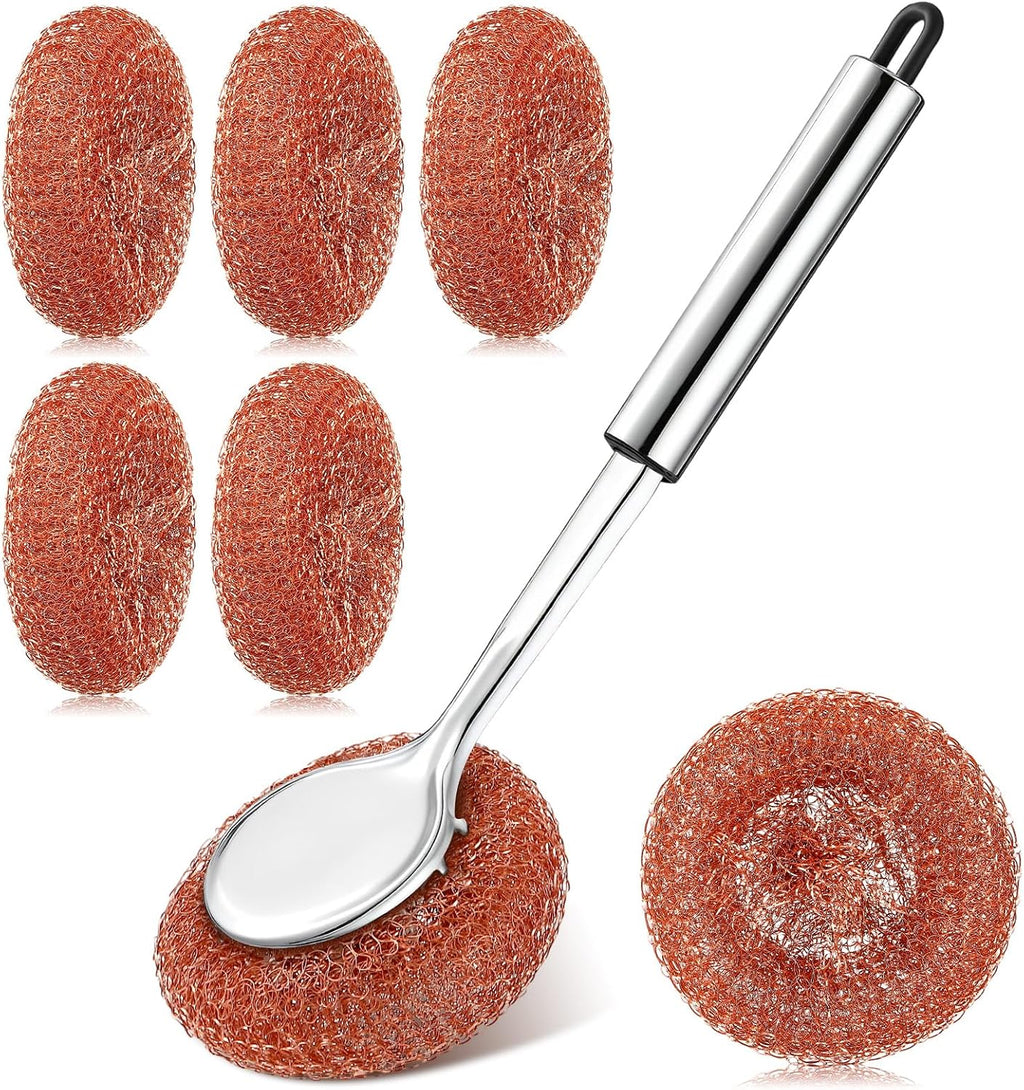 5 Pcs Copper Coated Scourers Copper Scrubbing Pads Scouring Pads 1 PC Steel Wool Scrubber Dish Brush Set with Handle Deep Cleaning Scrubber Silver for Kitchen Cleaning Dishes Pots Pans