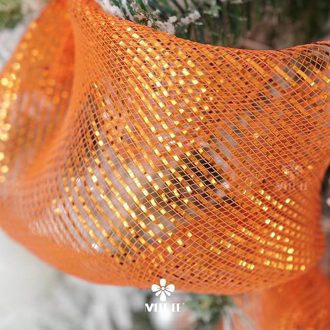 MEEDEE Orange Deco Mesh 10 Inch Deluxe Wide Foil Fall Deco Mesh Metallic Mesh Fabric Halloween Mesh Ribbon for Wreaths, Garland, Christmas Tree, Gift Wrapping, Bows Making (30 Feet)