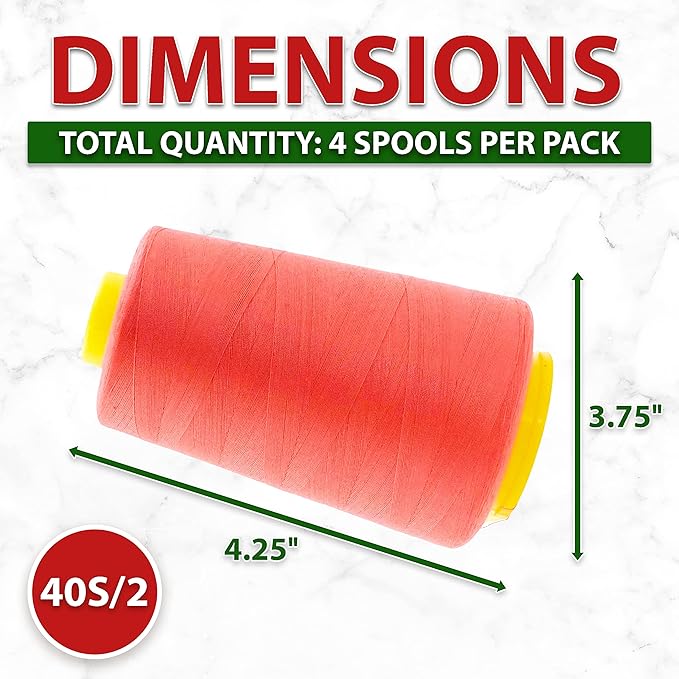Mandala Crafts 4 Pack of Serger Threads Cones Spools - 40S/2 24000 Yards Polyester Coral Threads for Sergers Machine and Overlock Quilting Sewing Machine