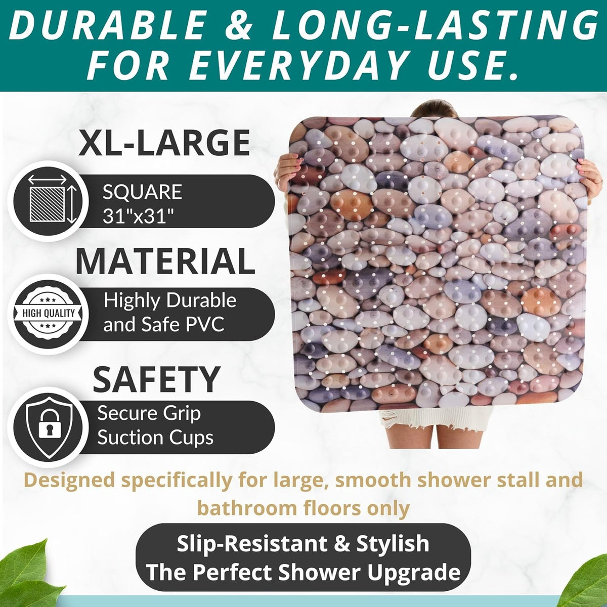ENKOSI Extra Large Square Non Slip Shower Mat - 31 x 31-inch XL Bathroom Shower Mat - Square Shower Mats for Shower Stall Floors | Secure Suction Cups and Drain Holes (31x31 Pebble Stone)