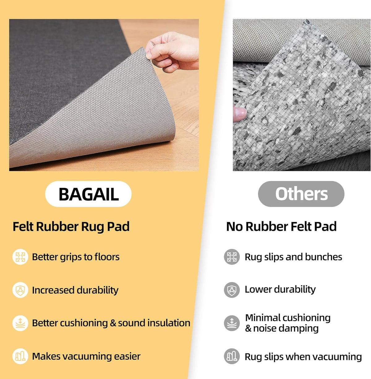 BAGAIL Felt and Natural Rubber Backing Rug Pads 1/4” Thick, Round 4 Ft Non Slip Carpet Gripper Keep Rugs in Place, Under Area Rug Protective Cushioned Pads, Carpet Runners, Hardwood Floors Protection