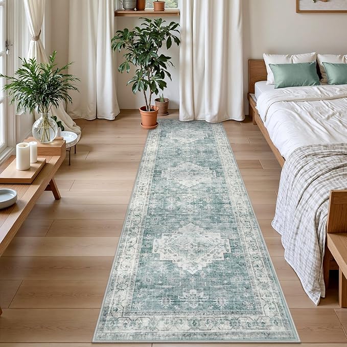 LIVEBOX Washable 2.5x8 Runner Rugs for Entryway Bathroom, Boho Kitchen Floor Mats Long Rug Runners for Hallways Non Slip, Farmhouse Low-Pile Carpet Runners for Laundry Room, Blue