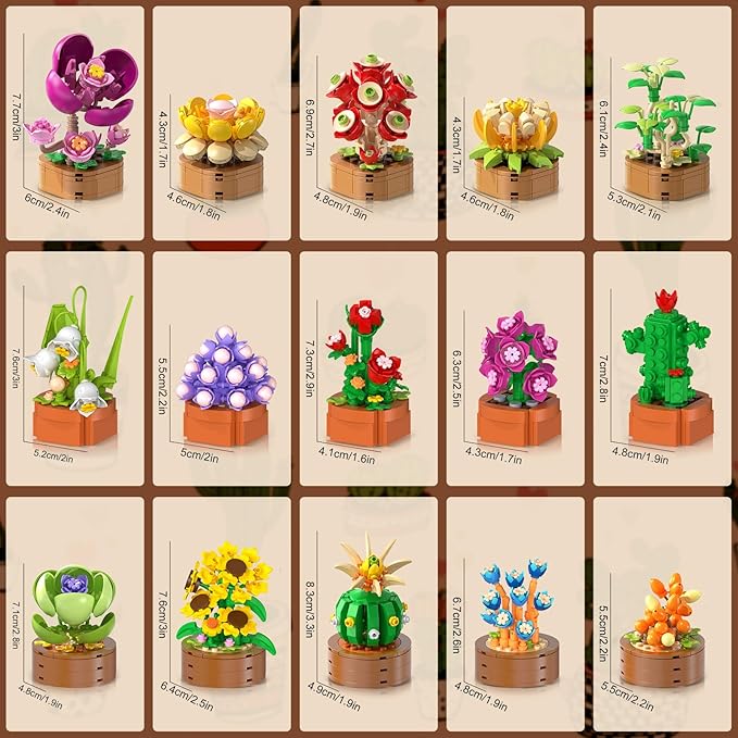 15 Pack Flowers Plants 3.6MM Mini Building Sets - 1314PCS Flower Succulents Botanical Collection for Home Office Décor Block Toy, Party Favors for Christmas Mother's Day Birthday Adults Kids Girls 10+