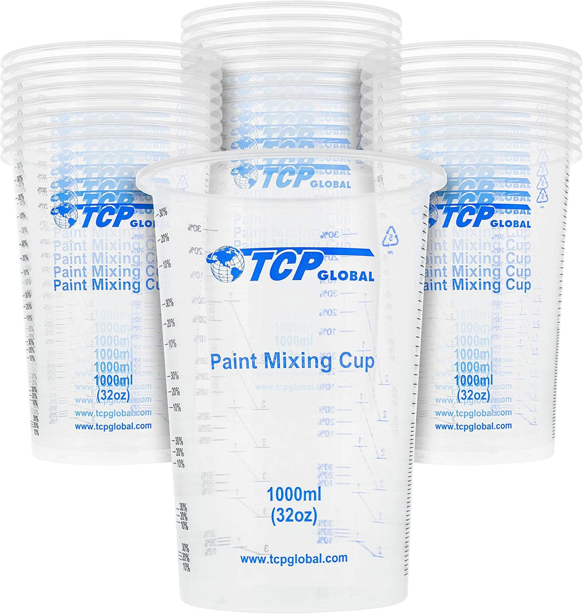 TCP Global 32 oz. (1000ml) Graduated Plastic Mixing Cups (Box of 25) - Disposable Plastic Measuring Cups for Liquids, Paints, Resin, Epoxy, Art, Kitchen - Ratios 2-1, 3-1, 4-1 ML