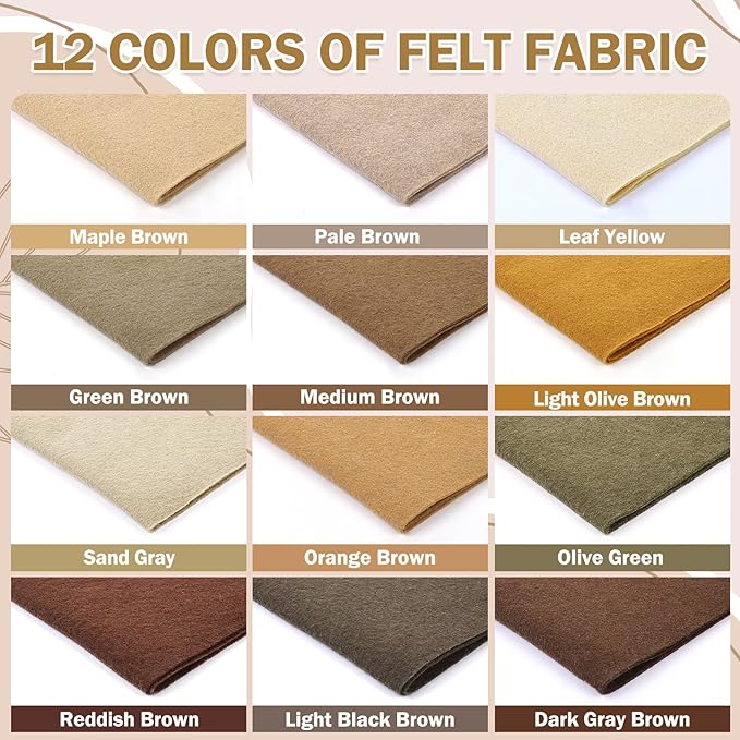 12 Rolls 8"x35"(20.5x90cm) 1.4mm Thick Soft Felt Fabric Sheet 12 Assorted Brown Tone Series Colors Felt Pack for DIY Craft Sewing Squares Nonwoven Patchwork