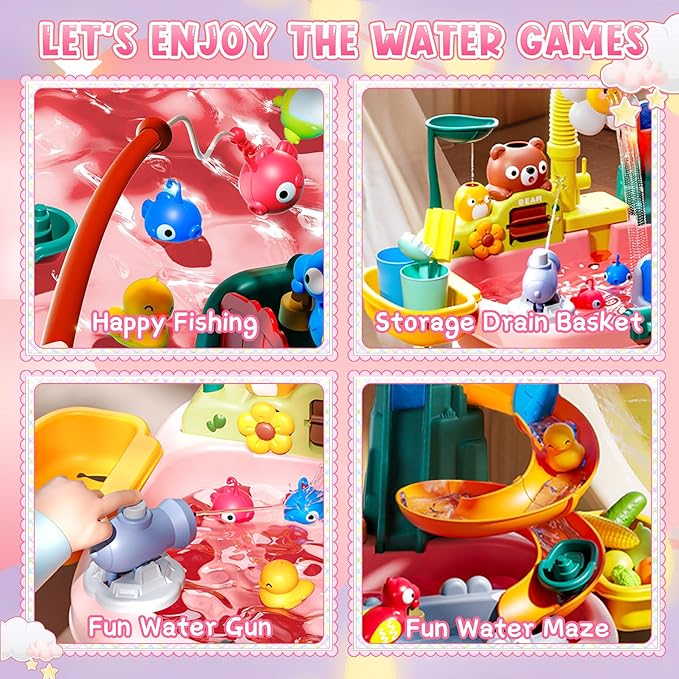 2026 Upgraded Toddler Sand Water Table Toy with Electric Water Pump, Kids Sand Water with Faucet/Play Food Accessories/Fishing Toy, Kitchen Play Sink Toys for Girl Boy Age 3+