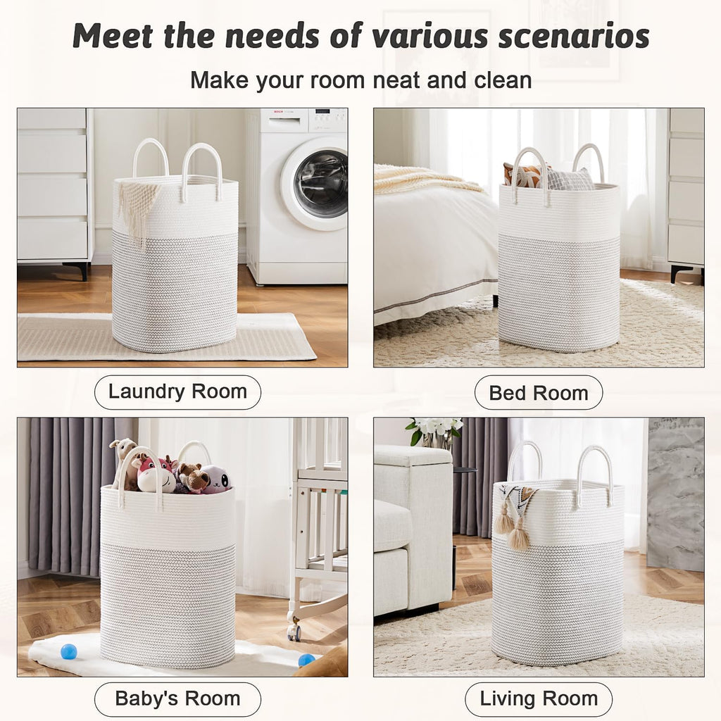 Laundry Basket,Woven Cotton Rope Laundry Hamper,Versatile Storage for Dirty Clothes,Baby Toys,and Blankets in Bathroom, Nursery,and Living Room (White, 80L)