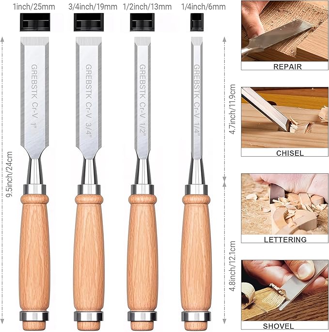 GREBSTK 4 Pcs Wood Chisel Set, CRV Steel Bevel Sharp Edge Bench Chisels with Safety Caps, Comfortful Beech Handle, for Woodworking and DIY Projects, 9.5"x(1/4", 1/2", 3/4", 1")