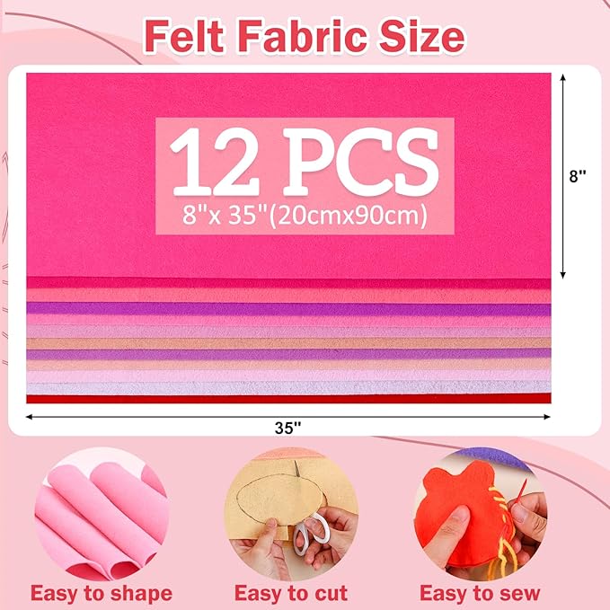 12 Rolls 8"x35"(20.5x90cm) 1.4mm Thick Soft Felt Fabric Sheet 12 Assorted Pink Series Colors Felt Pack for DIY Craft Sewing Squares Nonwoven Patchwork