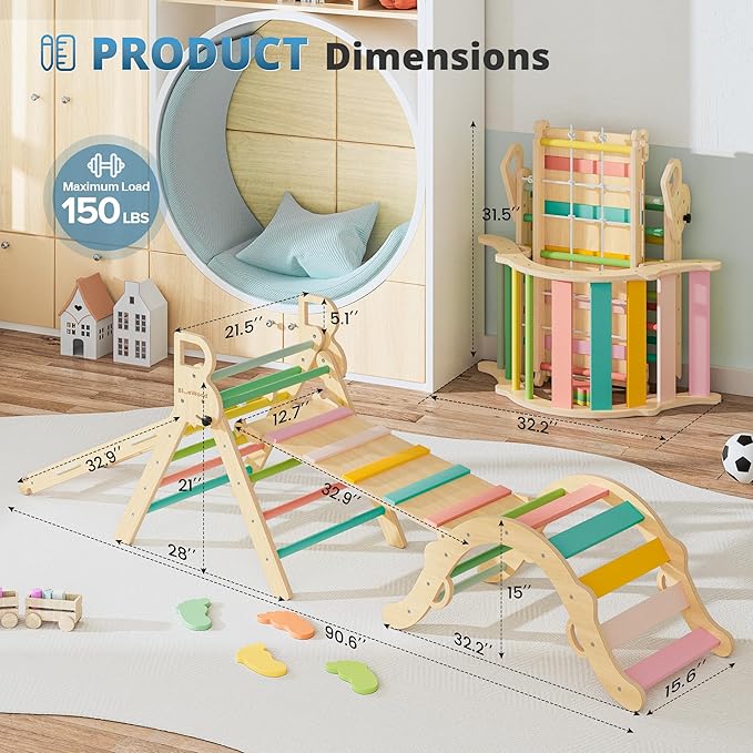 BlueWood 10-in-1 Pikler Triangle Set, Toddler Climbing Toys Indoor, Montessori Climber, Baby Jungle Gyms with Arch, Extra Rope Ladder & Footprint Balance Beam - Rose Garden