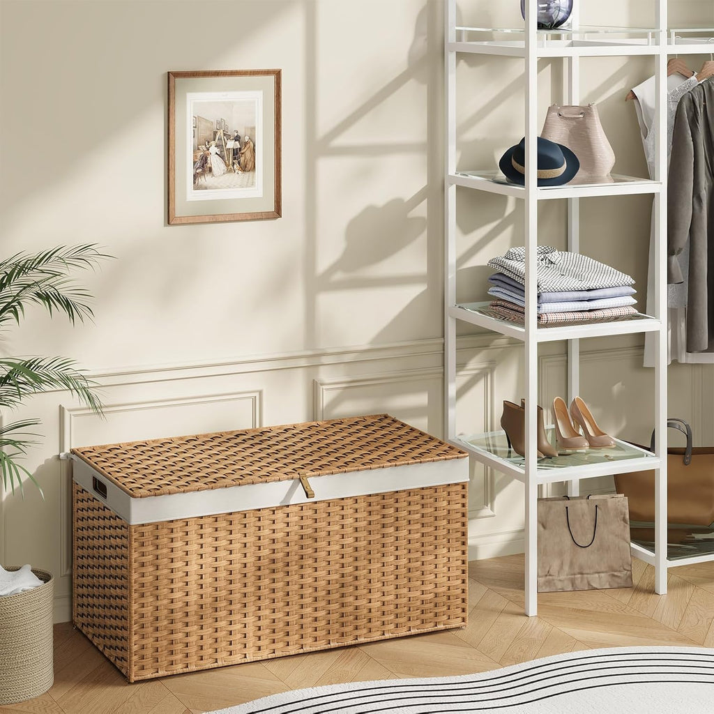 HOOBRO Storage Basket with Lid, 52.8 Gallon (200L) Wicker Basket, Handwoven Blanket Storage Basket with Handles, Metal Frame and Soft Lining, Foldable for Bedroom, Laundry Room, Natural NL220CW01