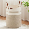 VIPOSCO Tall Laundry Basket, Large Dirty Clothes Hamper with Leather Handle, Woven Rope Storage Basket for Blanket, Toy In Living Room, Bathroom, Bedroom - 100L Brown & White