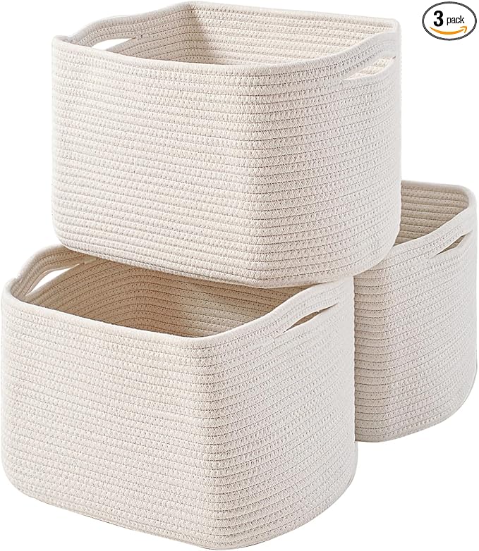 Storage Baskets for Organizing Shelves, Woven Cotton Rope Bins for Baby Nursery Organization, Book Toy Towel Organizer, 15"x11"x9.5", 3 Packs, Off White