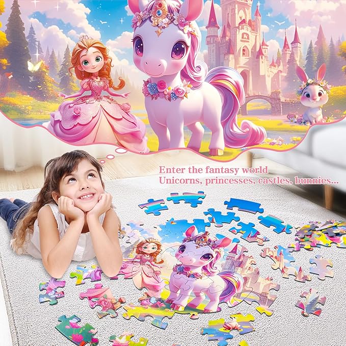 Floor Puzzles for Kids Ages 4-6, 70 Pieces Large Round Unicorn Princess Floor Puzzle Unicorn Jigsaw Puzzle Toy for 3 4 5 6 Toddler Girls - Educational Christmas, Birthday Gift