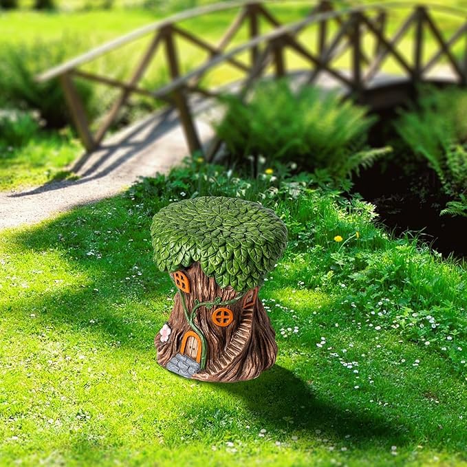 13''H Fairy House Statue Outdoor Statues Garden Resin Stool Over-Sized Sculpture Forest Pedestal Spring Decor for Home Courtyard Lawn Patio Summer Ornament Indoor Stool