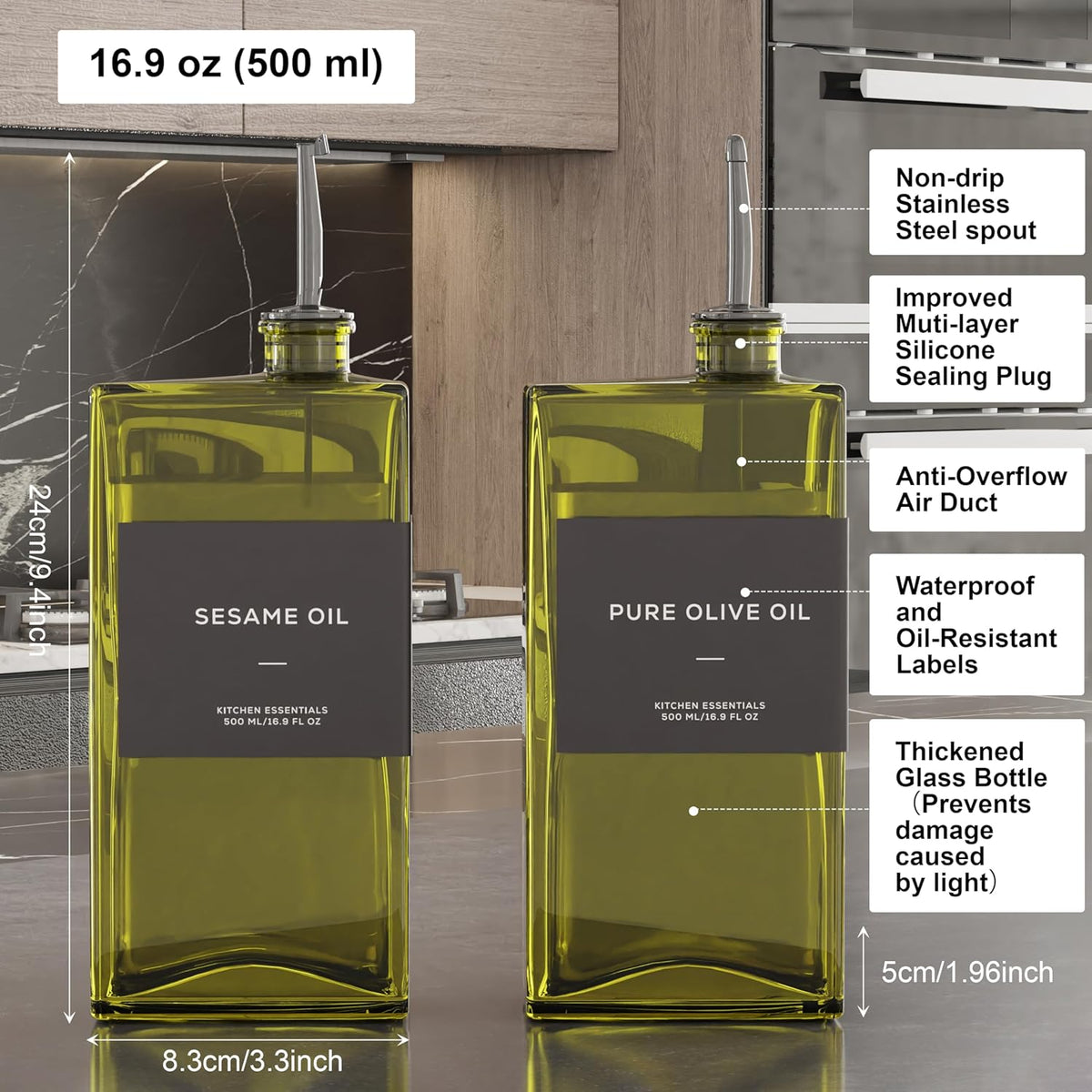 Olive Oil Dispenser for Kitchen, 16.9 oz/ 500 ml Olive Oil Dispenser Bottle, Glass Oil Bottles for Kitchen with 4 Stainless Steel Pourers, 40 Labels, 2 Pcs, Green
