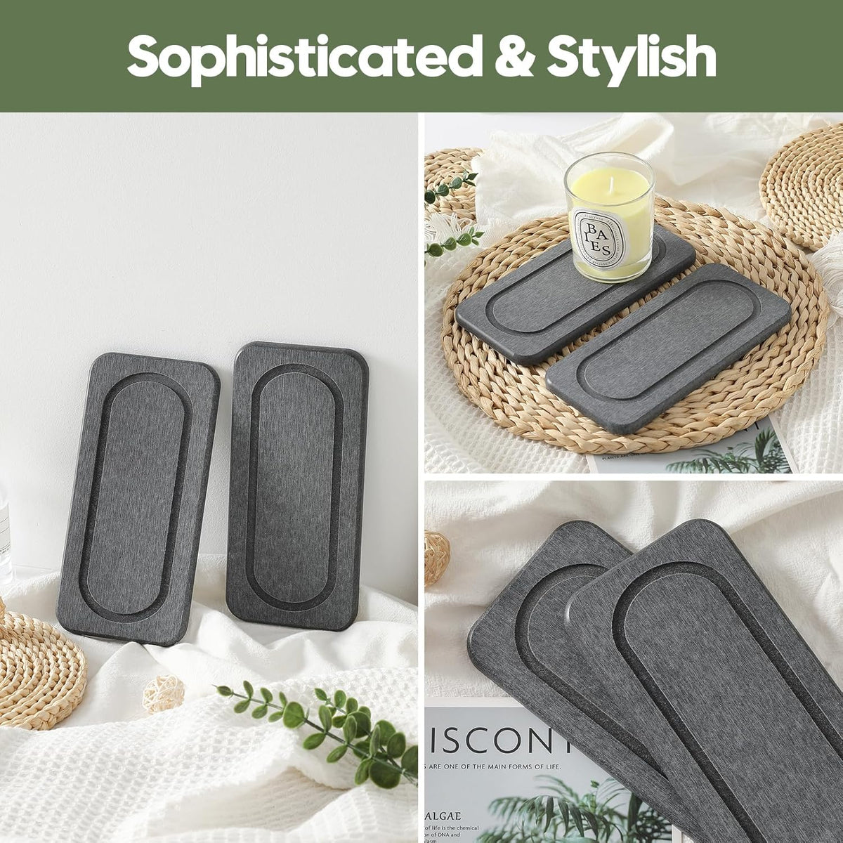2Pack Diatomite Stone Coasters Water Absorbing Sink Tray for Kitchen & Bathroom Counter, Quick Dry Soap Dish Vanity Caddy, Dispenser Sponge Holder Space Organizer, Dark Gray - 8"x 3.8"