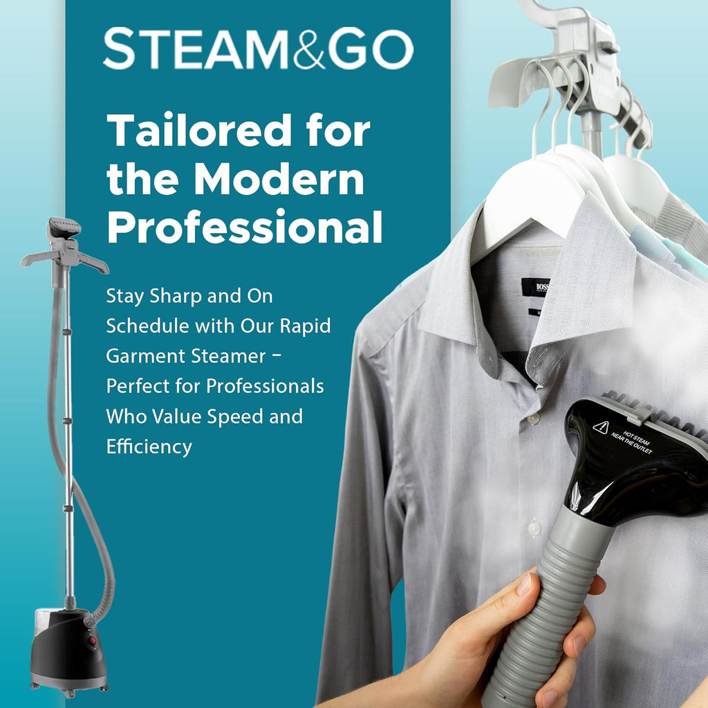 Steam & Go - The Rival Handheld Steamer - Upright Fabric Steamer for Clothes, Garments, Curtains, Bedding & Upholstery - Quick-Heating Foldable Steam Iron with Adjustable Pole Hanger & Detachable Tank