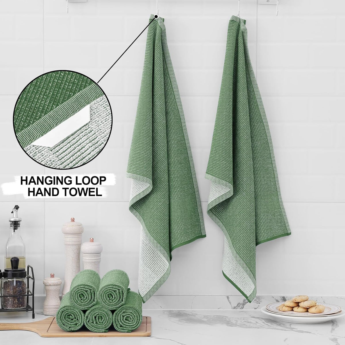 Homaxy Premium Kitchen Towels(18”x 28”, 12 Pack), Large Cotton Kitchen Hand Towels, Flat and Terry Dish Towels, 380 GSM Highly Absorbent Tea Towel Set with Hanging Loop, Grass Green