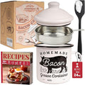Bacon Grease Container with Strainer - With Food-Grade Silicone Spatula, 24oz Enamel Rustic Farmhouse Fat Container, Keeper, Recipes, Dishwasher Safe