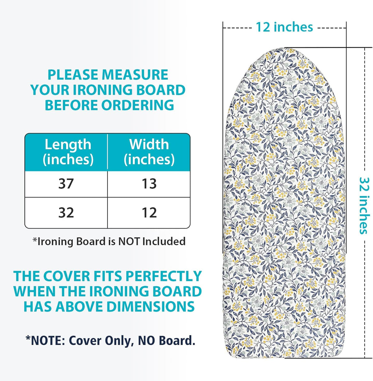 Table Top Ironing Board Cover 12 x 32 inch, 3 Layers Small Iron Board Cover, Heat Reflective Thick Padding with Elasticized Edges (Flora)
