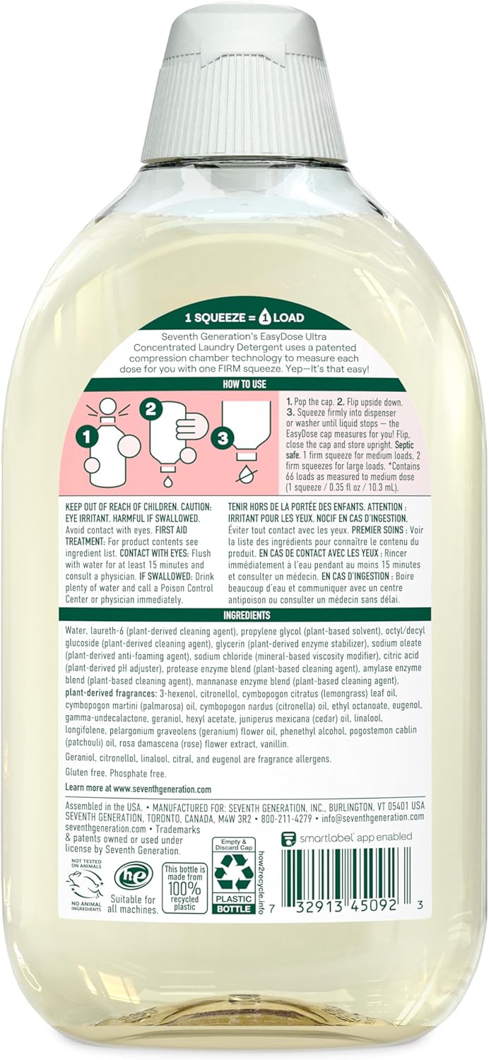 Seventh Generation EasyDose Laundry Detergent, Ultra Concentrated: 66 Loads, Rose Scent, 23.1 Fl Oz