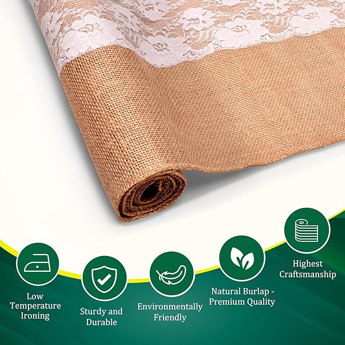 Burlap Lace Table Runner (Pack of 3) – 14”x 72” - No-Fray Finished Edge Natural Table Runner – No Odor, Eco-Friendly Burlap Runner - Perfect for Christmas, Wedding, Thanksgiving