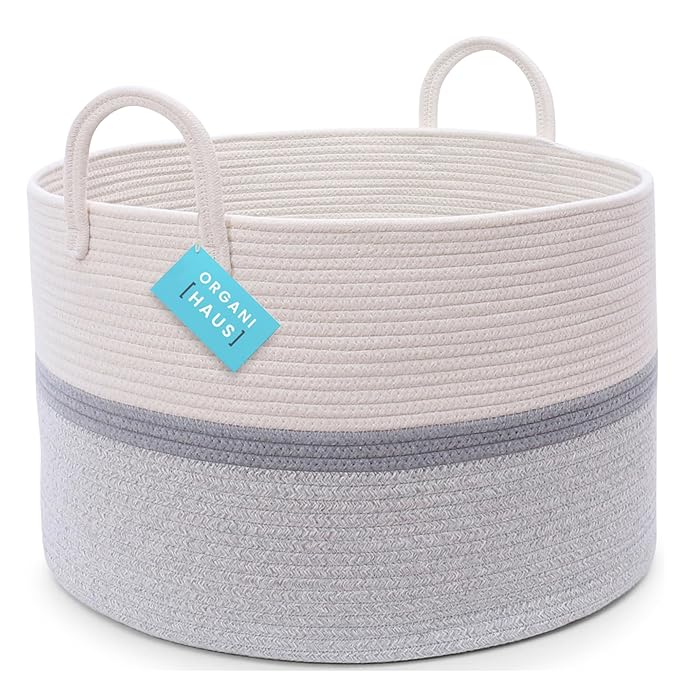 OrganiHaus Extra Large Blanket Basket for Living Room 20x13, Natural Cotton Rope Laundry Basket, Sturdy Hamper for Toy Storage, Cushions & Pillows Storage Bin, Nursery Decor Hamper - White/Gray