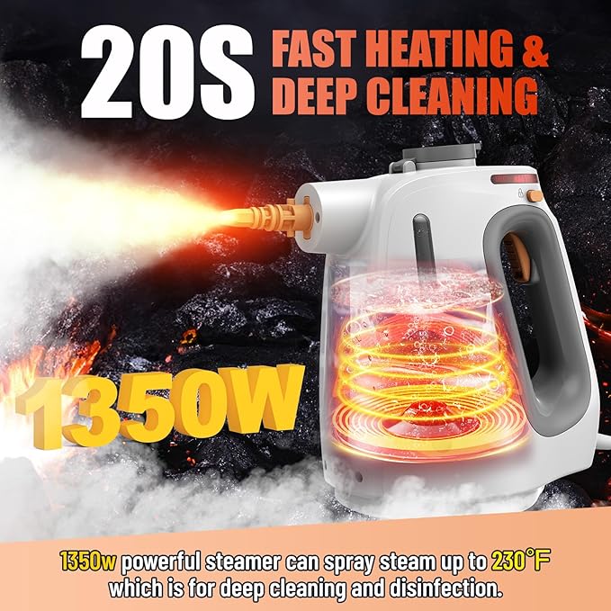Heavy Duty Handheld Steam Cleaner for Cleaning with Lockable Steam Button&11pcs Accessories, Unlimited Water Addition for Continuous Steaming, Multi-Purpose Steamer for Cleaning Car, Grout (grey)