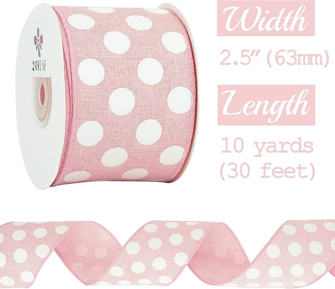 MEEDEE Pink Polka Dot Ribbon - 2.5 inch Wired Ribbon for Baby Girl Wreaths & Crafts, 10 Yards