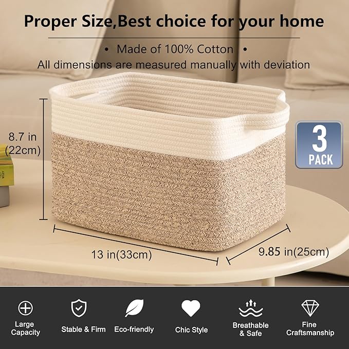 OIAHOMY 3 Pack Storage Baskets for Organizing, 13''X9.85''X8.7'' Storage Bins,Woven Basket with Handles, Toy Storage Bin,Stylish Room Decor Basket, white & Brown variegated