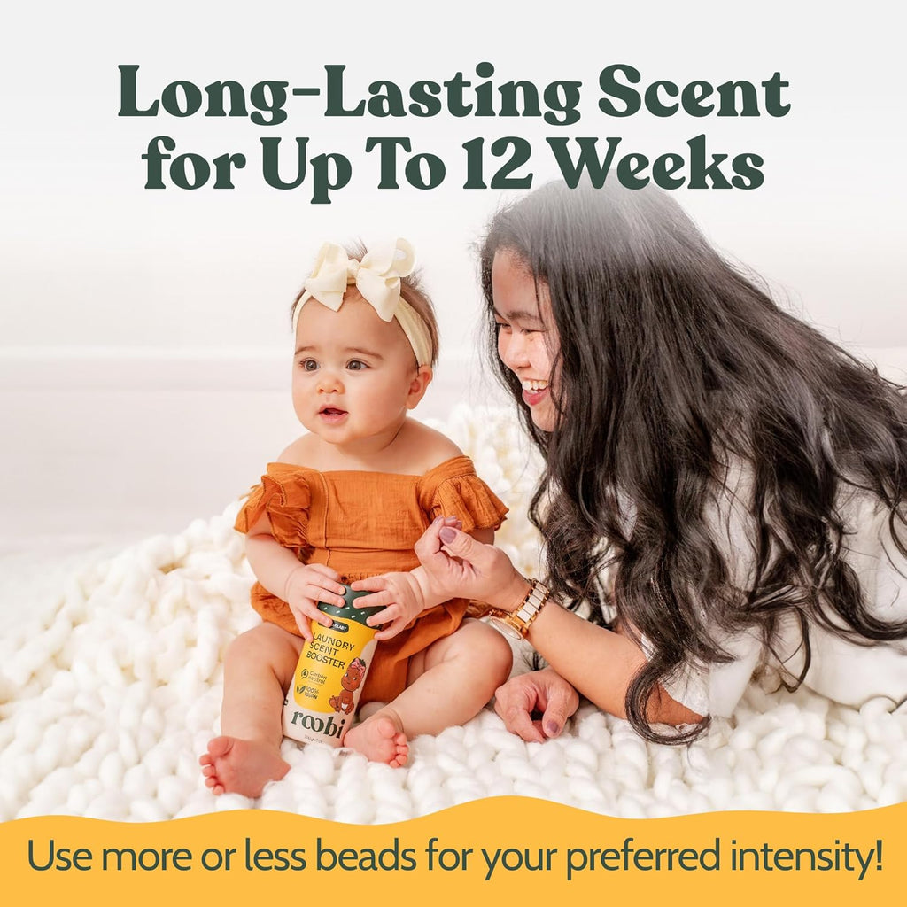 Roobi Baby Laundry Scent Booster. Peachy Lullaby Fragrance Beads. Specially Formulated for Baby's Sensitive Skin. Up to 20 Washing Cycles. Carbon Neutral, 100% Vegan.