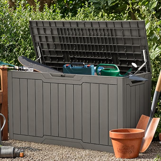 YITAHOME 100 Gallon Outdoor Storage Box, Large Water Resistant Resin Deck Box, Indoor Outdoor Lockable Storage Container for Patio, Garden, Cushions, Tools, Equipment (Taupe)