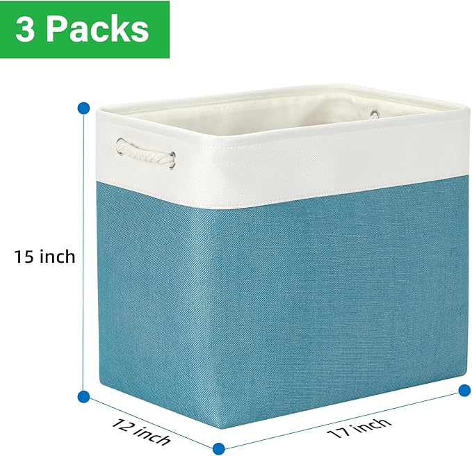 Bidtakay Extra Large Storage Baskets for Shelves 3 Pack Fabric Storage Bins for Organizing Linen Collapsible Organizer for Closet-White&Teal