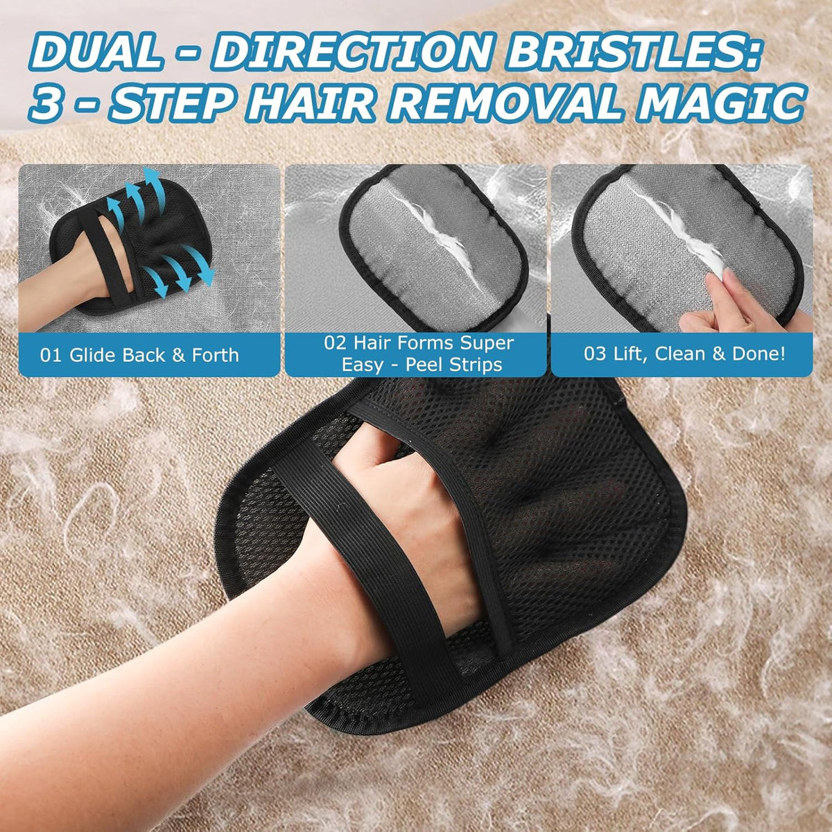 2Pcs Magic Brush Pet Hair Remover, Five-Finger Electrostatic Cat & Dog Hair Removal Gloves for Furniture, Couch, Carpet, Bedding, Reusable Cleaning and Grooming Mitts