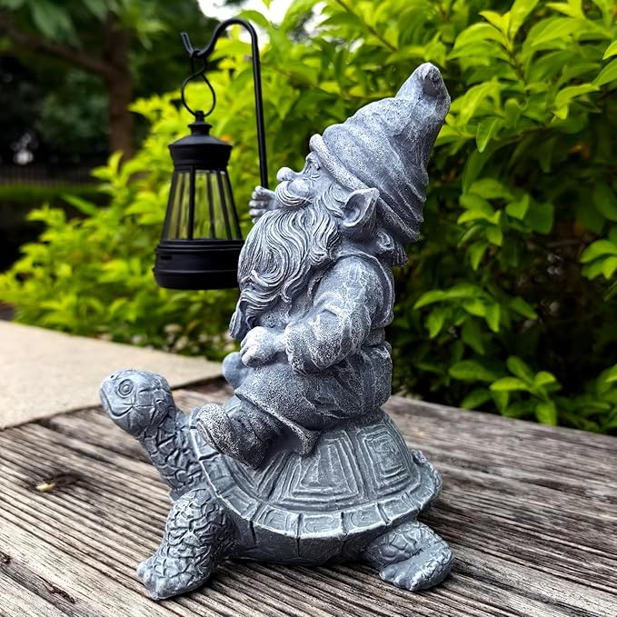 Garden Gnome Statue Riding Turtle - Garden Gnomes Decorations with Solar LED Lights, 7.9" Outdoor Resin Figurine Ornament for Patio, Yard, Funny Lawn Decor (Gray)
